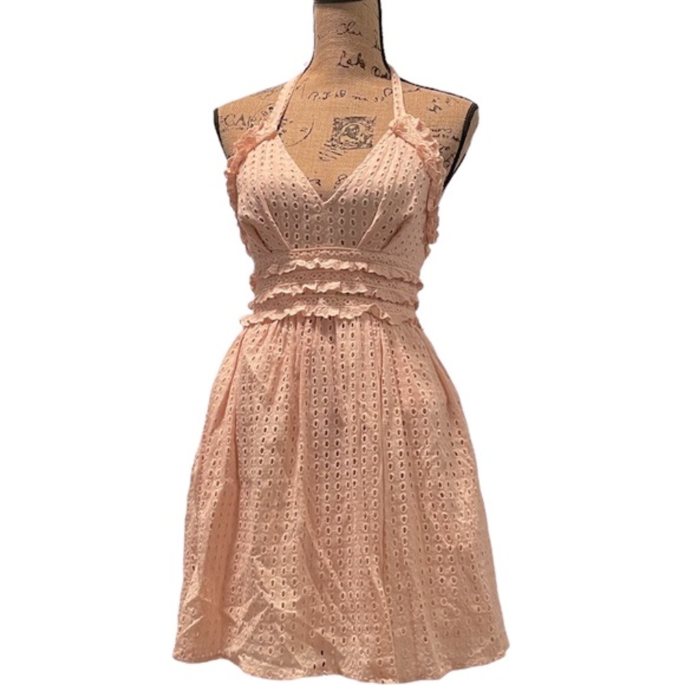 NWT Clara Story Pink Eyelet Crochet Trim Halter Dress S
